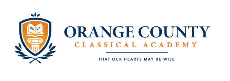Orange County Classical Academy emblem featuring shield and book design.