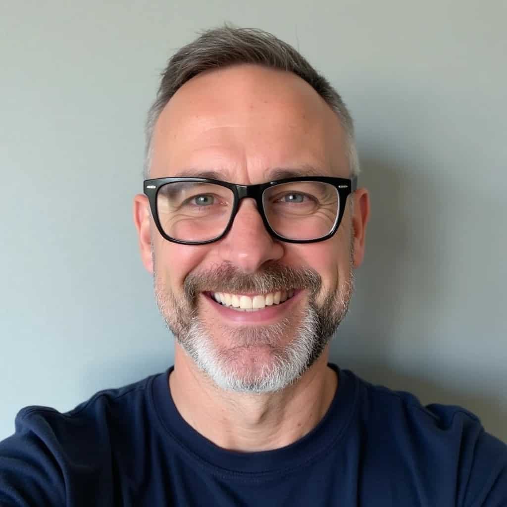 Smiling man with glasses and gray beard, close-up portrait.